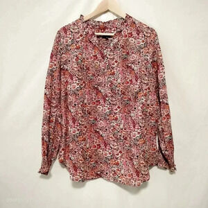 Talbots Plus Sz 2X Long Sleeves Button Up Floral Metallic Elastic Long Sleeves